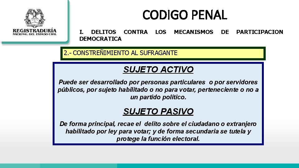 CODIGO PENAL I. DELITOS CONTRA DEMOCRATICA LOS MECANISMOS DE PARTICIPACION 2. - CONSTREÑIMIENTO AL