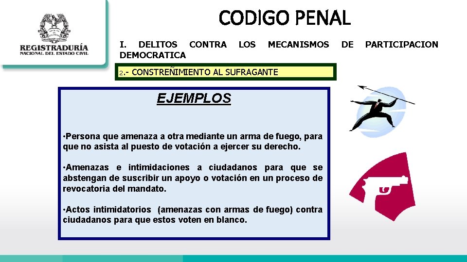 CODIGO PENAL I. DELITOS CONTRA DEMOCRATICA 2. - LOS MECANISMOS CONSTREÑIMIENTO AL SUFRAGANTE EJEMPLOS