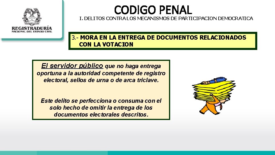 CODIGO PENAL I. DELITOS CONTRA LOS MECANISMOS DE PARTICIPACION DEMOCRATICA 3. - MORA EN