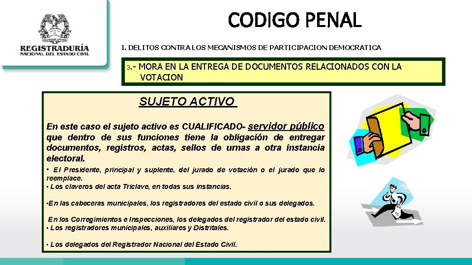 CODIGO PENAL I. DELITOS CONTRA LOS MECANISMOS DE PARTICIPACION DEMOCRATICA 3. - MORA EN