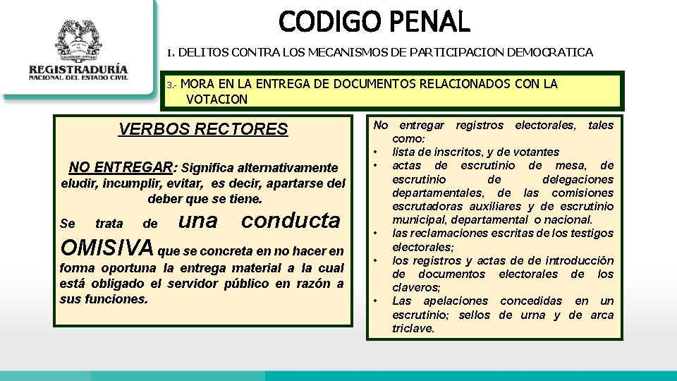 CODIGO PENAL I. DELITOS CONTRA LOS MECANISMOS DE PARTICIPACION DEMOCRATICA 3. - MORA EN