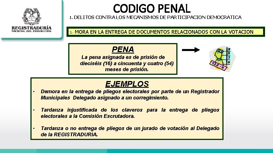 CODIGO PENAL I. DELITOS CONTRA LOS MECANISMOS DE PARTICIPACION DEMOCRATICA 3. - MORA EN