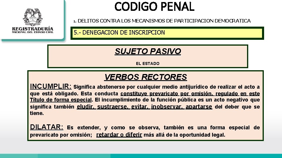 CODIGO PENAL I . DELITOS CONTRA LOS MECANISMOS DE PARTICIPACION DEMOCRATICA 5. - DENEGACION