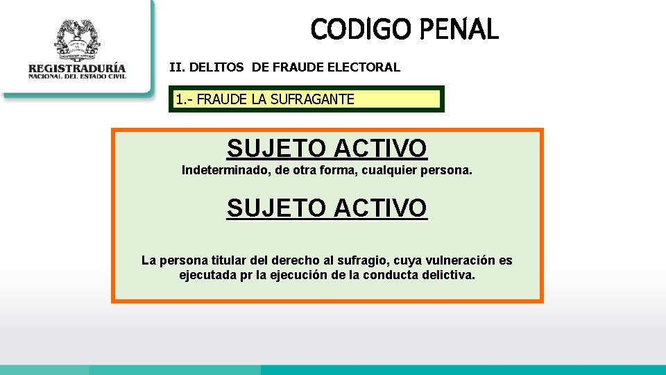 CODIGO PENAL II. DELITOS DE FRAUDE ELECTORAL 1. - FRAUDE LA SUFRAGANTE SUJETO ACTIVO