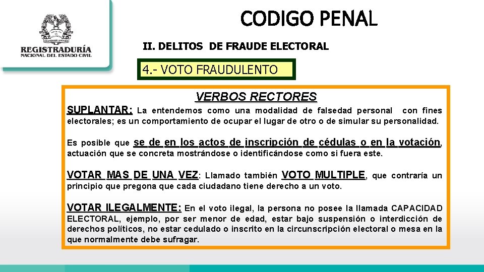 CODIGO PENAL II. DELITOS DE FRAUDE ELECTORAL 4. - VOTO FRAUDULENTO VERBOS RECTORES SUPLANTAR: