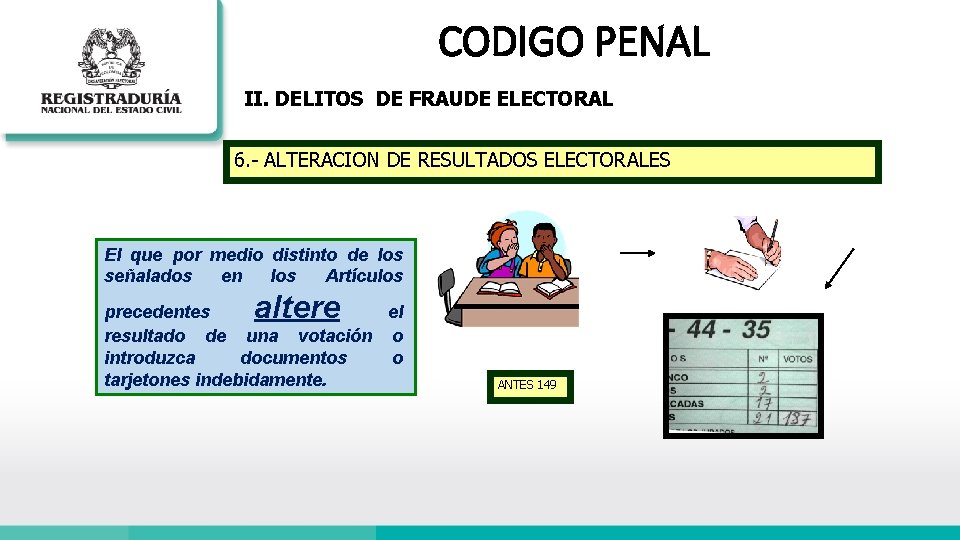 CODIGO PENAL II. DELITOS DE FRAUDE ELECTORAL 6. - ALTERACION DE RESULTADOS ELECTORALES El