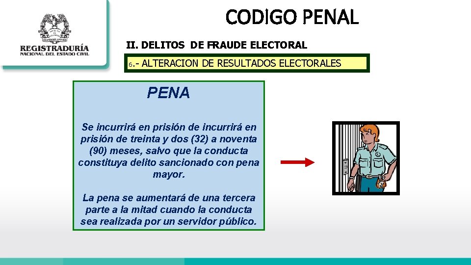 CODIGO PENAL II. DELITOS DE FRAUDE ELECTORAL. - ALTERACION DE RESULTADOS ELECTORALES 6 PENA