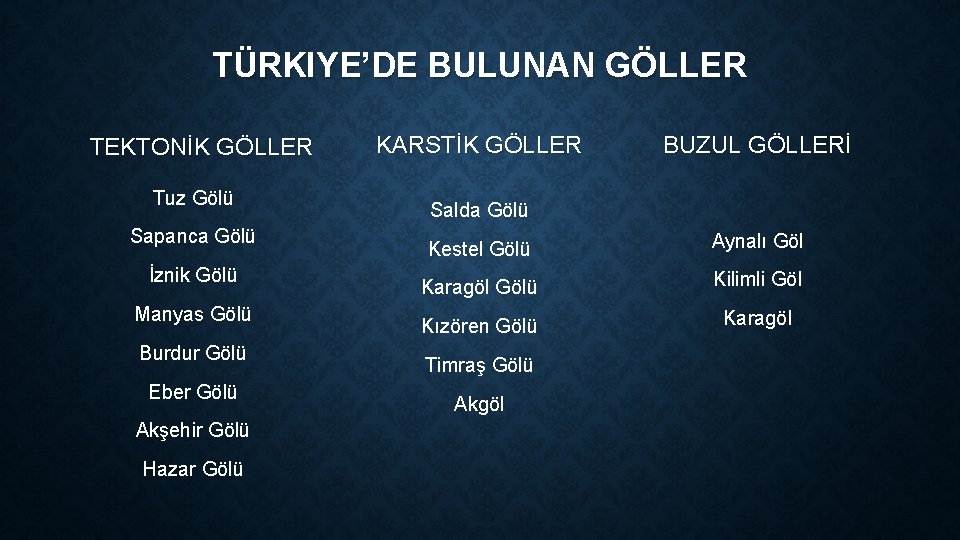 TÜRKIYE’DE BULUNAN GÖLLER TEKTONİK GÖLLER Tuz Gölü Sapanca Gölü İznik Gölü Manyas Gölü Burdur