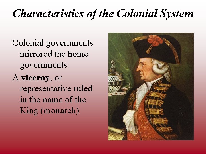 Characteristics of the Colonial System Colonial governments mirrored the home governments A viceroy, or