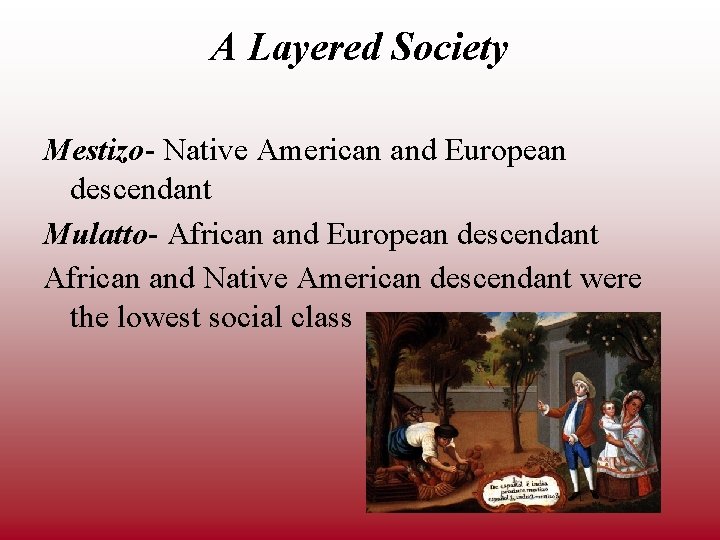 A Layered Society Mestizo- Native American and European descendant Mulatto- African and European descendant