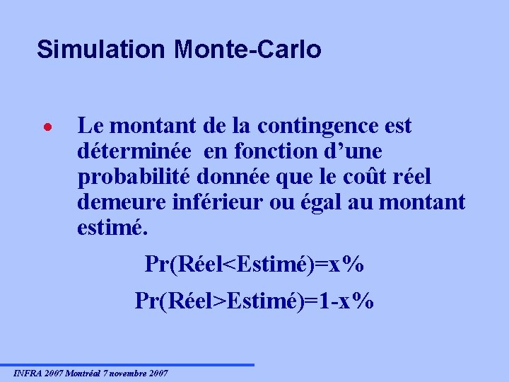 Simulation Monte-Carlo · Le montant de la contingence est déterminée en fonction d’une probabilité