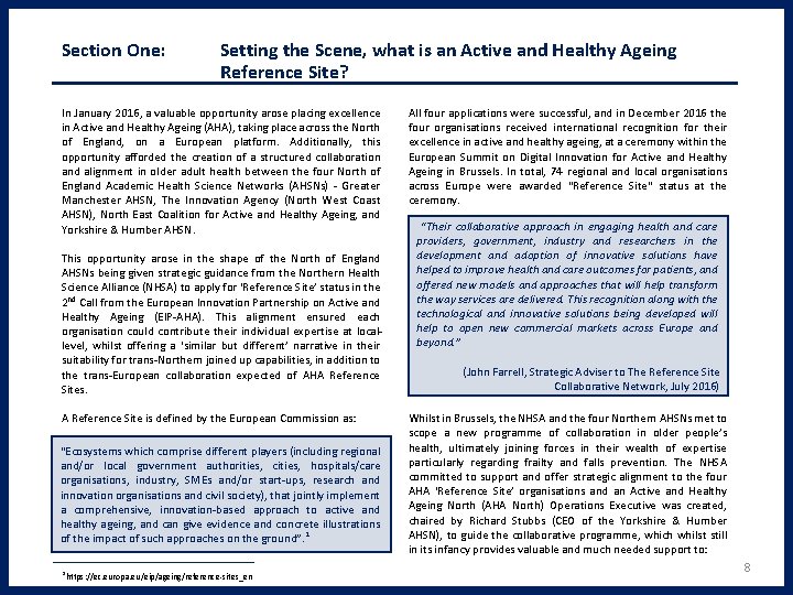 Section One: Setting the Scene, what is an Active and Healthy Ageing Reference Site?