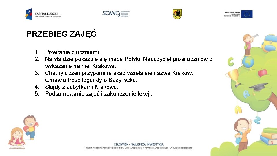 PRZEBIEG ZAJĘĆ 1. Powitanie z uczniami. 2. Na slajdzie pokazuje się mapa Polski. Nauczyciel