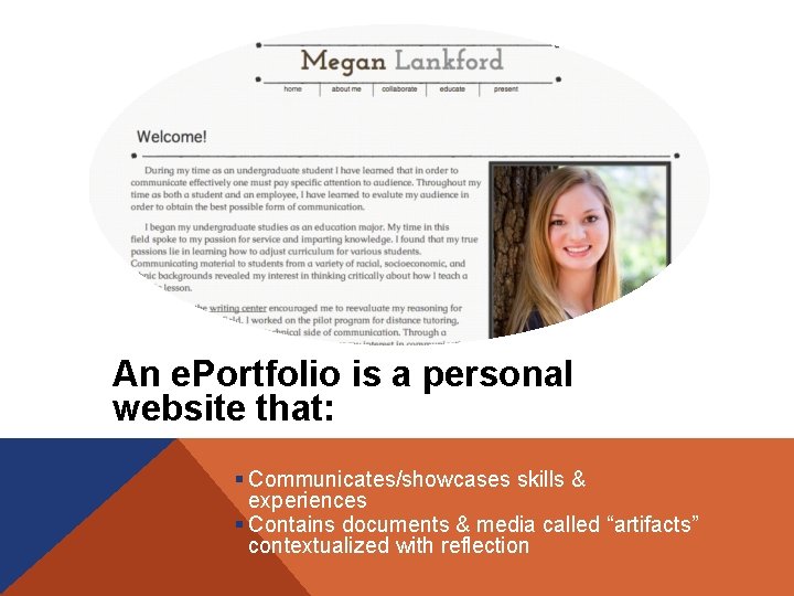 An e. Portfolio is a personal website that: § Communicates/showcases skills & experiences §