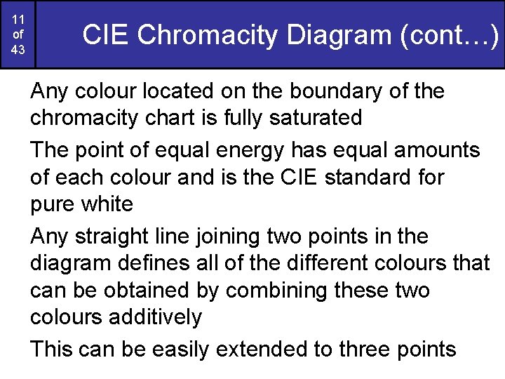 11 of 43 CIE Chromacity Diagram (cont…) Any colour located on the boundary of