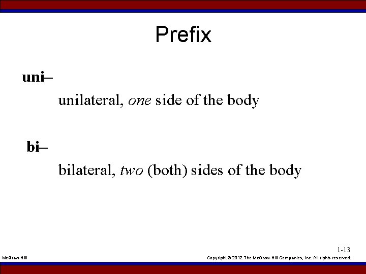 Prefix uni– unilateral, one side of the body bi– bilateral, two (both) sides of