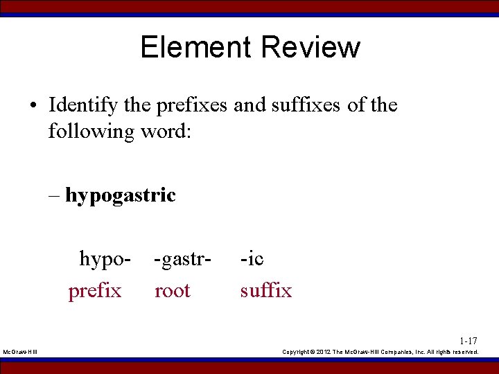 Element Review • Identify the prefixes and suffixes of the following word: – hypogastric