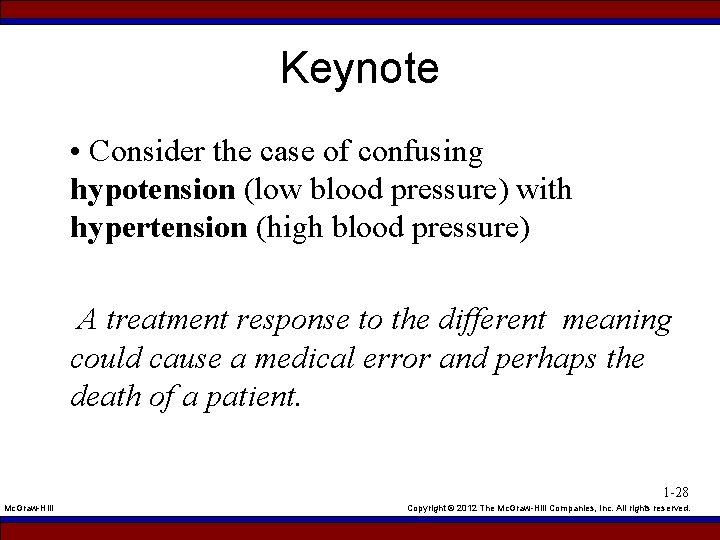 Keynote • Consider the case of confusing hypotension (low blood pressure) with hypertension (high