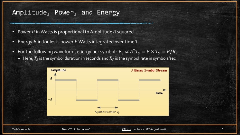 Amplitude, Power, and Energy ▪ Amplitude A Binary Symbol Stream Time Yash Vasavada DA-IICT.