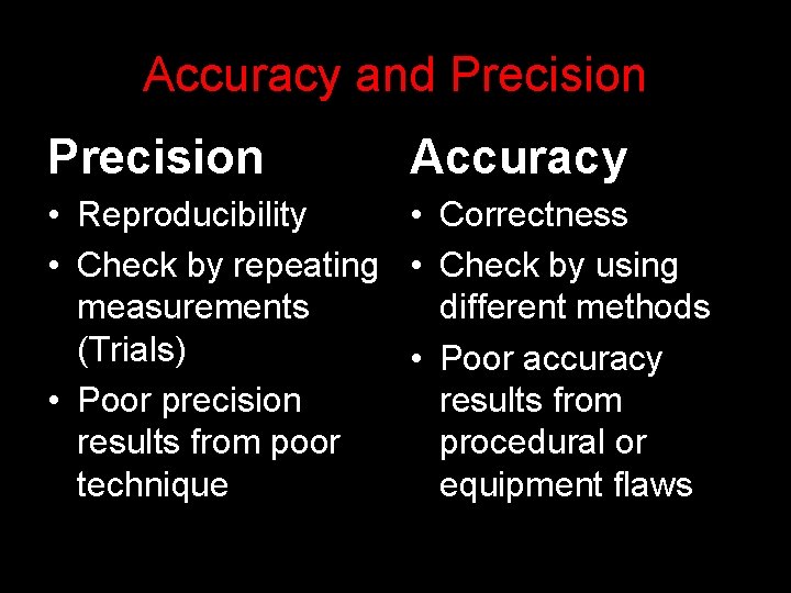 Accuracy and Precision Accuracy • Reproducibility • Correctness • Check by repeating • Check