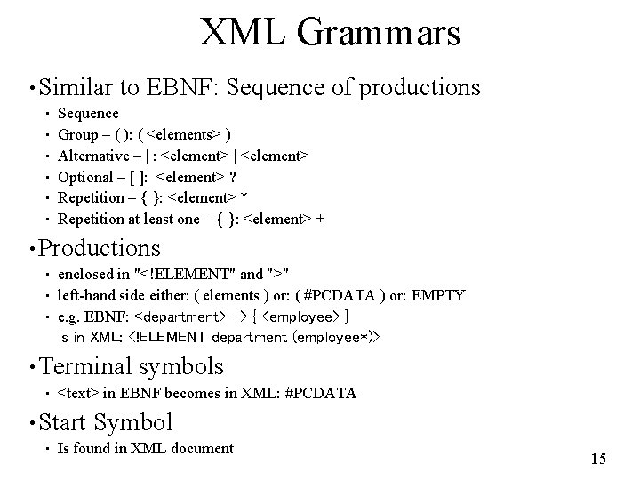 XML Grammars • Similar • • • to EBNF: Sequence of productions Sequence Group