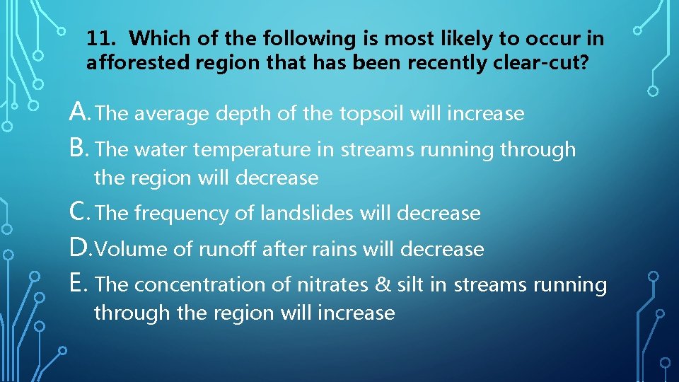 11. Which of the following is most likely to occur in afforested region that