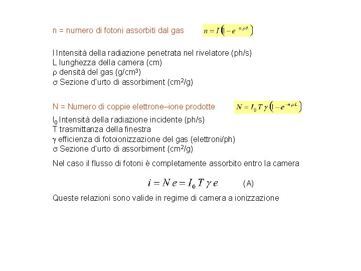 n = numero di fotoni assorbiti dal gas I Intensità della radiazione penetrata nel