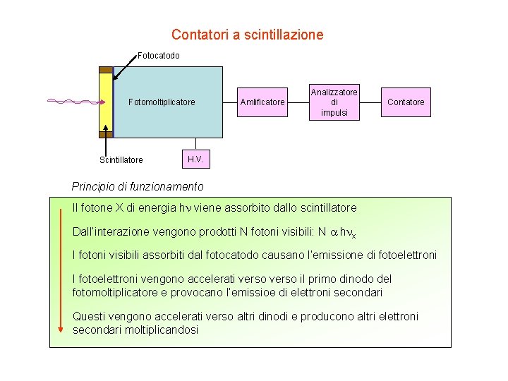 Contatori a scintillazione Fotocatodo Fotomoltiplicatore Scintillatore Amlificatore Analizzatore di impulsi Contatore H. V. Principio