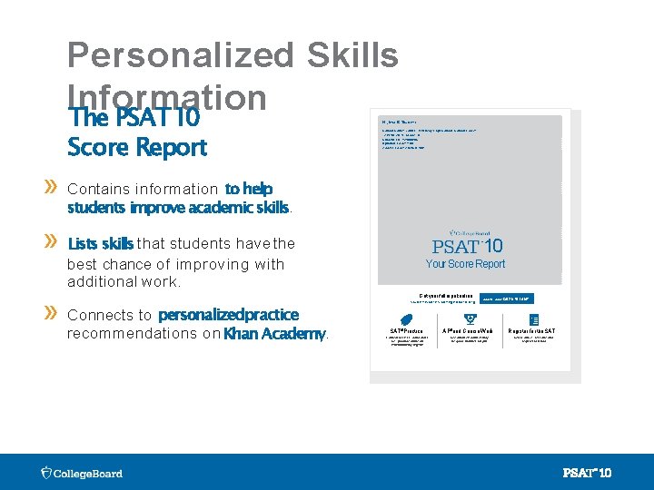 Personalized Skills Information The PSAT 10 Hi, Ima B. Student Score Report School Name: