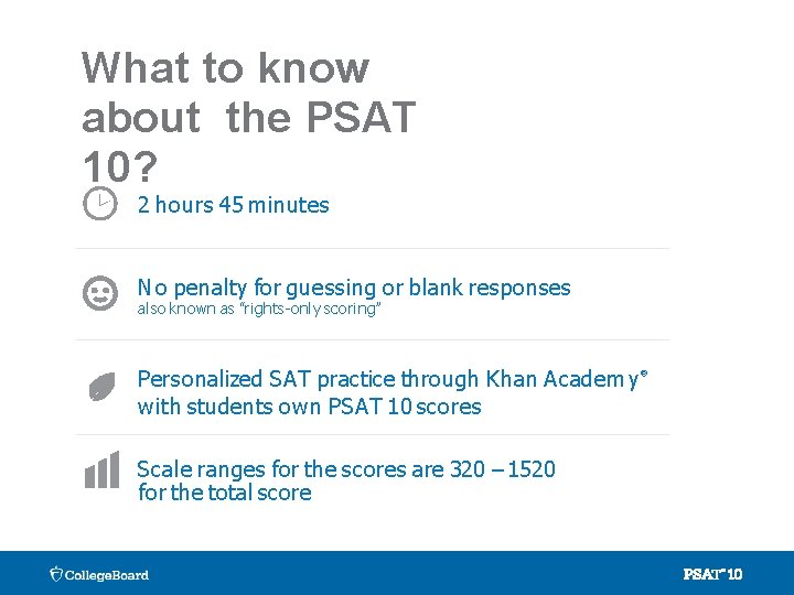 What to know about the PSAT 10? 2 hours 45 minutes No penalty for