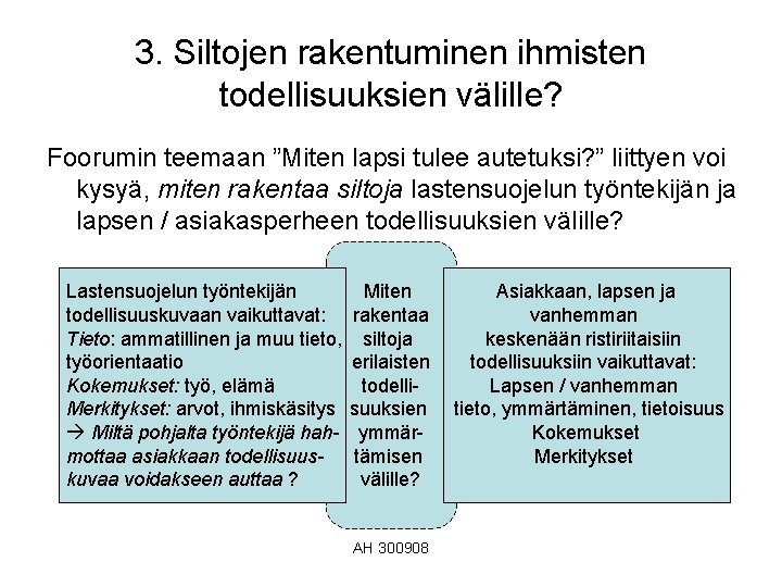 3. Siltojen rakentuminen ihmisten todellisuuksien välille? Foorumin teemaan ”Miten lapsi tulee autetuksi? ” liittyen