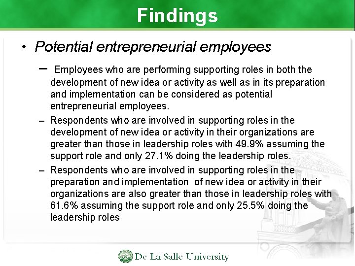 Findings • Potential entrepreneurial employees – Employees who are performing supporting roles in both