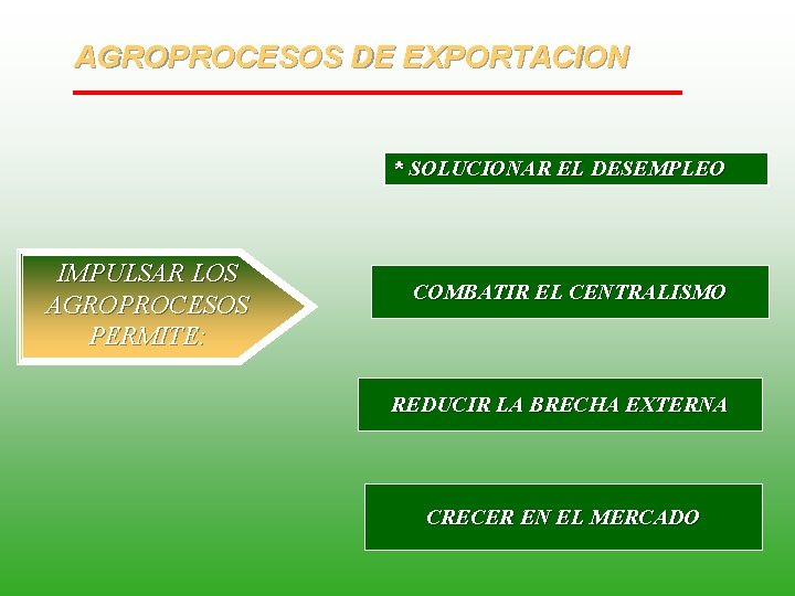 AGROPROCESOS DE EXPORTACION * SOLUCIONAR EL DESEMPLEO IMPULSAR LOS AGROPROCESOS PERMITE: COMBATIR EL CENTRALISMO