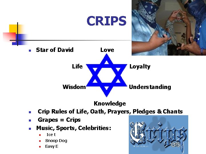 CRIPS n Star of David Life Wisdom n n n Love Loyalty Understanding Knowledge