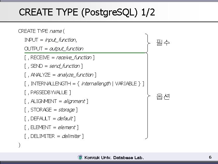 CREATE TYPE (Postgre. SQL) 1/2 CREATE TYPE name ( INPUT = input_function, OUTPUT =