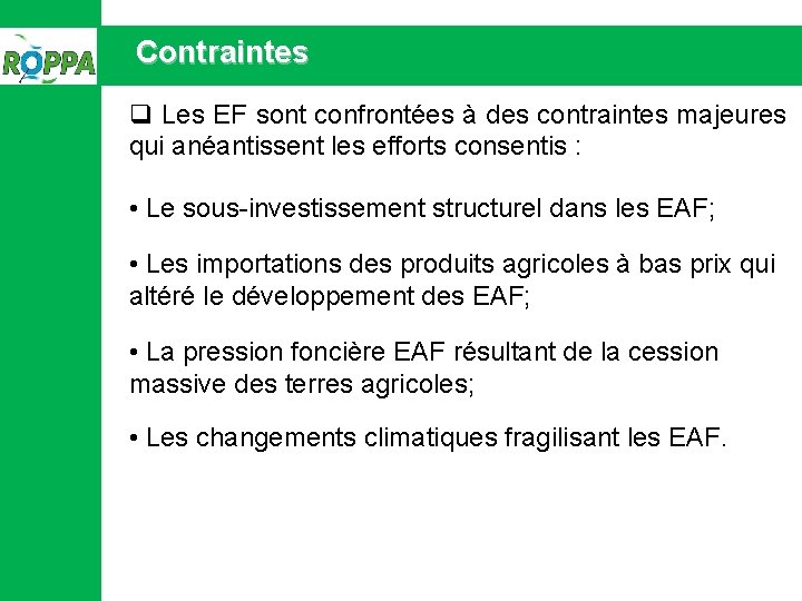 Contraintes q Les EF sont confrontées à des contraintes majeures qui anéantissent les efforts