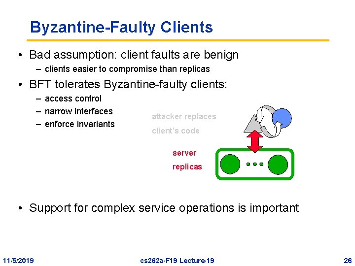 Byzantine-Faulty Clients • Bad assumption: client faults are benign – clients easier to compromise