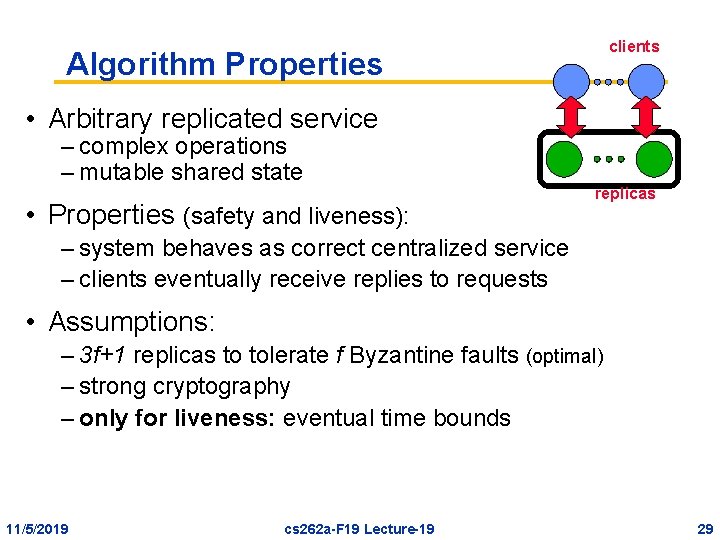 clients Algorithm Properties • Arbitrary replicated service – complex operations – mutable shared state