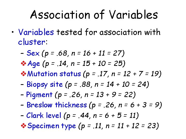 Association of Variables • Variables tested for association with cluster: – Sex (p =. Association of Variables • Variables tested for association with cluster: – Sex (p =.