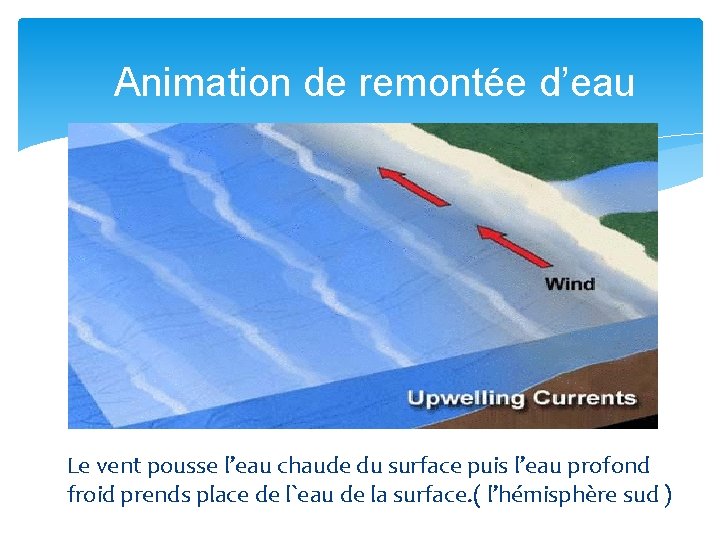 Animation de remontée d’eau Le vent pousse l’eau chaude du surface puis l’eau profond
