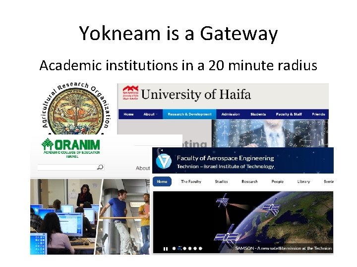 Yokneam is a Gateway Academic institutions in a 20 minute radius 