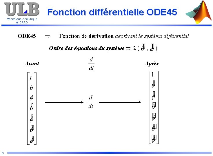 Mécanique Analytique et CFAO ODE 45 Fonction différentielle ODE 45 Fonction de dérivation décrivant