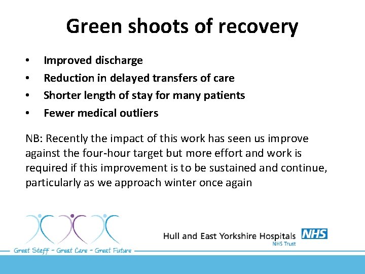 Green shoots of recovery • • Improved discharge Reduction in delayed transfers of care