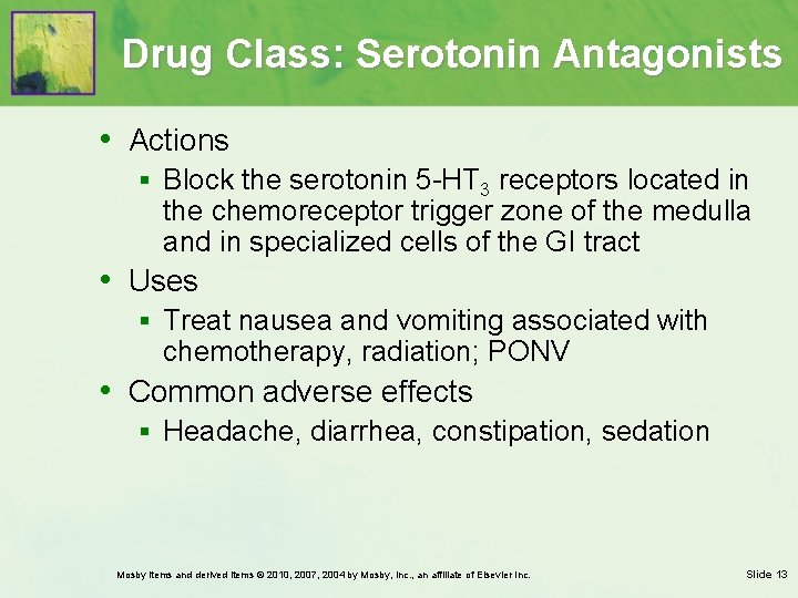 Drug Class: Serotonin Antagonists • Actions § Block the serotonin 5 -HT 3 receptors