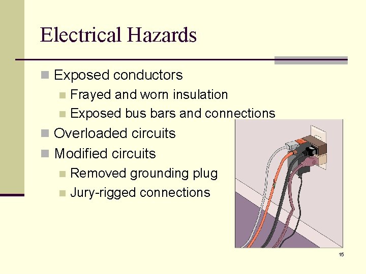 Electrical Hazards n Exposed conductors n Frayed and worn insulation n Exposed bus bars