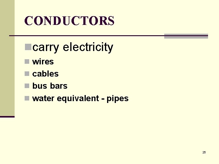 CONDUCTORS ncarry electricity n wires n cables n bus bars n water equivalent -