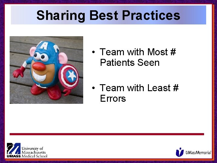 Sharing Best Practices • Team with Most # Patients Seen • Team with Least Sharing Best Practices • Team with Most # Patients Seen • Team with Least