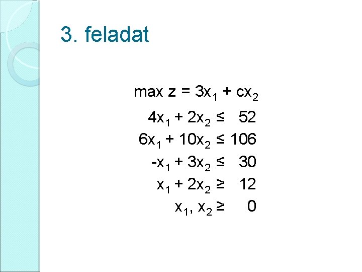 3. feladat max z = 3 x 1 + cx 2 4 x 1