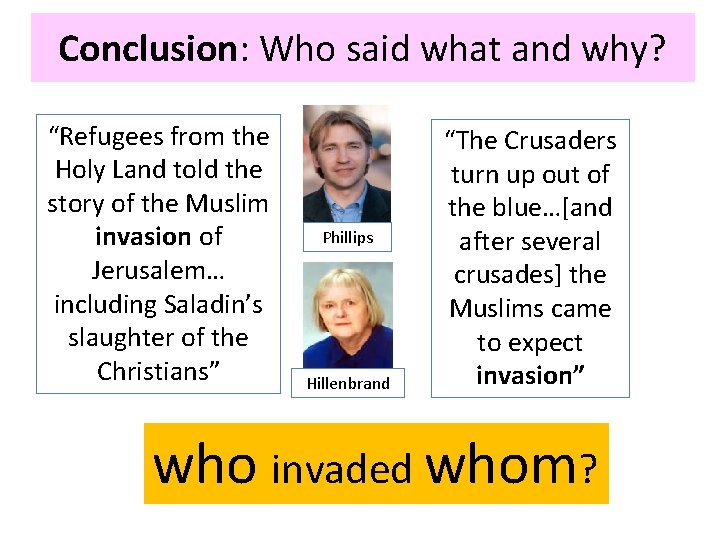 Conclusion: Who said what and why? “Refugees from the Holy Land told the story