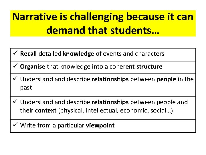 Narrative is challenging because it can demand that students… ü Recall detailed knowledge of